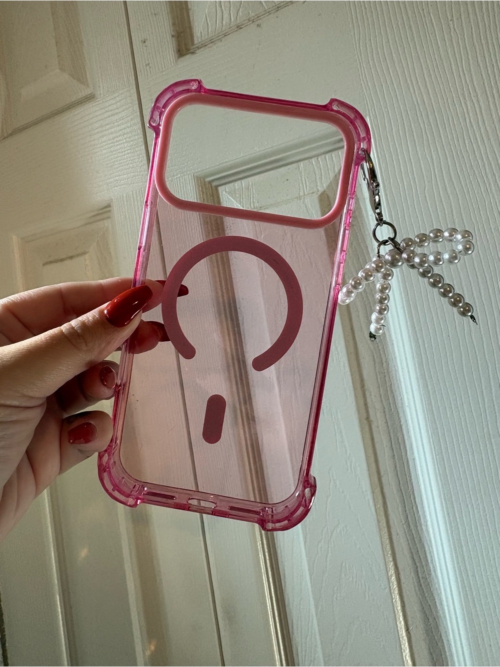 Pink Clear IPhone Case with Pearl Charm